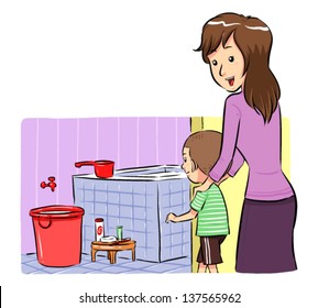 Take A Bath Time Mother accompanying her son to take a bath in bathroom. Vector EPS8 file.