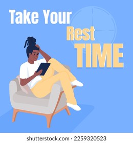 Take best time to rest card template. Online chatting with friends. Reading e book. Editable social media post design. Flat vector color illustration for poster, web banner, ecard. Anton font used