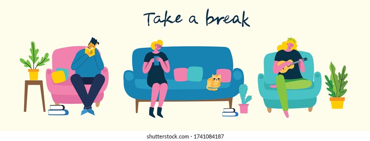 Take a break collage illustration. People have rest and read book, play guitar, use tablet on chair and sofa. Flat modern vector style. 