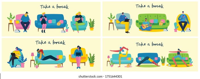 Take a break collage illustration. People have rest and read book, play guitar, use tablet on chair and sofa. Flat modern vector style.