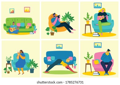 Take a break collage illustration. People have rest and drink coffee, use tablet on chair and sofa. Flat modern vector style.