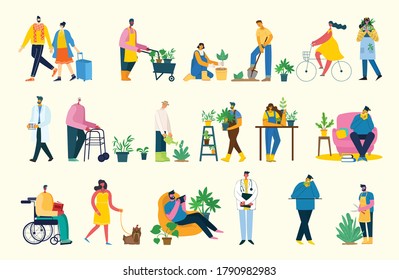 Take a break collage illustration. People have rest and drink coffee, use tablet on chair and sofa. Flat modern vector style.