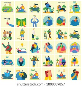 Take a break collage illustration. People have rest and drink coffee, use tablet on chair and sofa. Flat modern vector style.