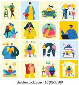 Take a break collage illustration. People have rest and drink coffee, use tablet on chair and sofa. Flat modern vector style.