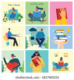 Take a break collage illustration. People have rest and drink coffee, use tablet on chair and sofa. Flat modern vector style.