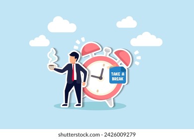 Take a break, enjoy a coffee to relax and refresh, escaping boredom, sleepiness, and fatigue from long intervals of stress concept, relax businessman with a cup of coffee or tea with alarm clock.