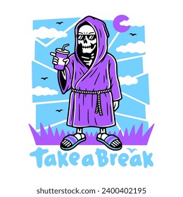 TAKE A BREAK GRIM REAPER WITH COCKTAIL COLOR WHITE BACKGROUND