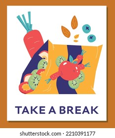 Take a break for healthy snack banner or poster template flat cartoon vector illustration. Healthy eating and daily nutrition meals. Dieting and snacks.