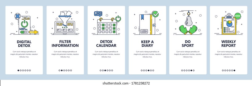 Take Break From Phone With Digital Detox App. Filter Information, Keep Diary, Do Sport. Mobile App Screens. Vector Banner Template For Website And Mobile Development. Web Site Design Illustration.