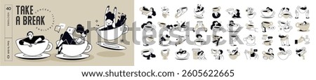 Take a break. Vector illustrations of people enjoying free time, drinking coffee, daily routine, invitation to hang out, for social media stickers and posts, marketing, restaurants and coffee bars.