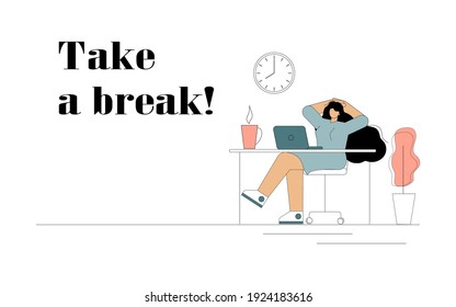 Take a break. A woman throwing her hands behind her head is resting at a desk in the office. Vector flat illustration on white background