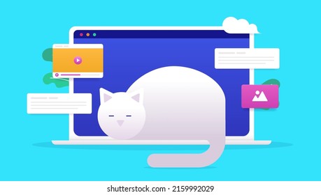 Take A Break From Work - Cat Laying Down And Sleeping On Laptop Computer Keyboard. Vector Illustration With Blue Background