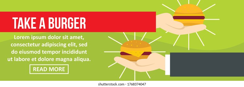 Take a burger banner horizontal concept. Flat illustration of take a burger banner horizontal vector concept for web design