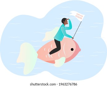 Take care about planet. Nature and ecology modern graphic design poster. Guy with flag save our ocean sitting on large fish and looks to future. Man thinking about environment and caring for nature