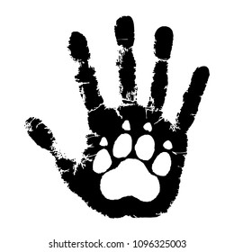 Take care of animals. Animal friendly symbol.  Print animal paw on print human hand. Isolated graphic symbol on white background. Vector illustration