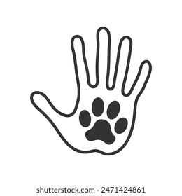 Take care of animals. Animal friendly symbol.  Animal paw print on handprint human. Isolated symbol on white background. Vector illustration