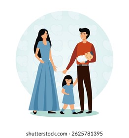 Take care of baby concept. A cheerful family consisting of a mother, father, daughter, and baby. symbolizing love, care, and familial bond.