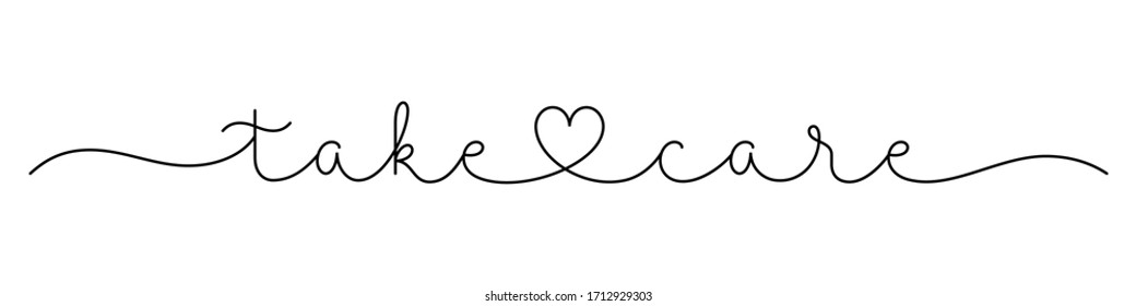 TAKE CARE black vector monoline calligraphy banner with heart symbol