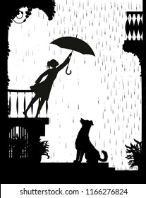 take care the dog, Girl on the balcony holding the umbrella above the dog,  my friend dog, black and white, shadow, vector