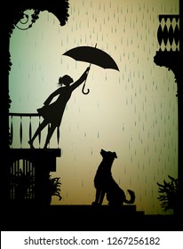 take care the dog, Girl on the balcony holding the umbrella above the dog,  my friend dog, shadow, vector
