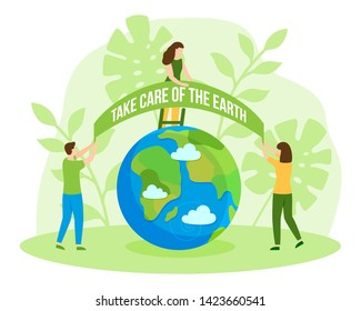 Take care of the earth banner. People Man and woman protect nature and ecology caring the globe. Happy earth day. Save The Green Planet modern design poster. Creative vector illustration in flat style