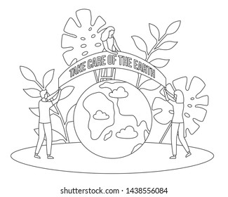 Take care of the earth banner. People protect nature and ecology. Happy earth day. Save the Green Planet. Concept in thin line style. Contour symbol Linear poster. Outline creative vector illustration