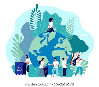 Take care of earth. Environmental protection, people saving planet, green energy ecosystem, volunteer ecologists, flat vector concept