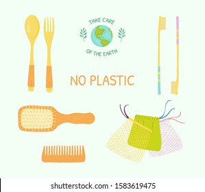 Take Care Of The Earth. Zero Waste. No Plastic Vector Set. A Wooden Spoon, Fork, Combs, Toothbrushes. Bags For Vegetables And Fruits.