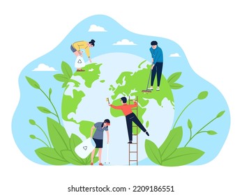 Take care ecologic of earth. Environmental global day, women ecologist support ecology and environment. Volunteers clean globe, recent vector concept
