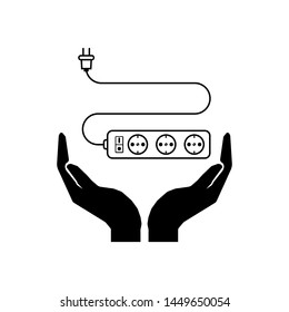 Take care electricity icon. Save electricity sign Hands and extension cord sign