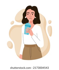 Take Care of Health. Woman drinks milkshake, character takes care of her health. Proper and healthy diet and nutrition with necessary macro and microelements. Cartoon flat vector illustration