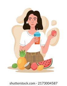 Cuidar de la salud. Mujer con suavidades y fruta sobre la mesa. La niña joven sigue una dieta saludable con vitaminas y minerales. Cuidando el cuerpo. Estilo de vida activo. Ilustración vectorial plana moderna de dibujos animados