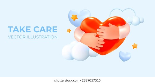 Take care, heart that embraces hands. Hugs. Love, care and attention. Vector illustration