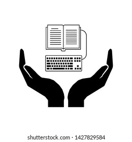 Take care information sign. E-book and keyboard sign. Hands sign