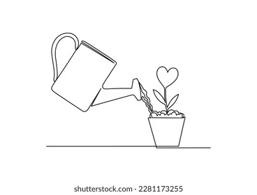 Take care of love. A watering can pours water on a flower in the shape of a heart. Continuous line drawing. 