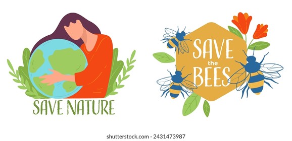 Take care of nature, rationally using resources, caring for environment and natural beauty, planting trees. Save bees. Banner with woman hugging globe and honeycomb with flowers. Vector in flat style