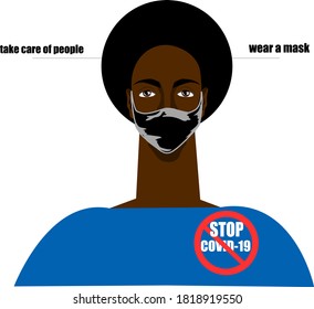 Take care of people. Wear a mask. Man in black medicine mask. Stop covid-19. Vector illustration.
