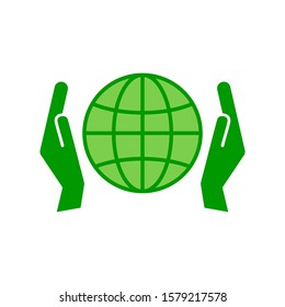 Take care of the planet. The concept of ecology, renewable energy. A green planet held by green hands. Vector eco icon isolated on a white background