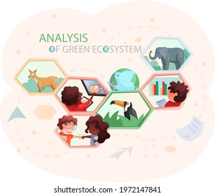 Take care of planet. Nature and ecology modern graphic design poster. People analyze green ecosystem of planet. Teamwork with ecological and environmental theme. Employees conduct nature research