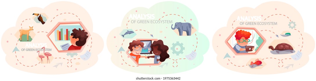 Take care of planet. Nature and ecology modern graphic design poster. People analyze green ecosystem of planet. Teamwork with ecological and environmental theme. Employees conduct nature research