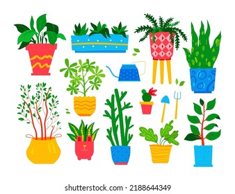 Take care of plants - flat design style object set. High quality colorful images of watering can and garden tools - rake and shovel, potted houseplants, gardening, sprouts, flora and home decor idea