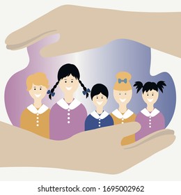 Take care, Protect kids, stay home concept. Children enjoy and smile hands protect them 