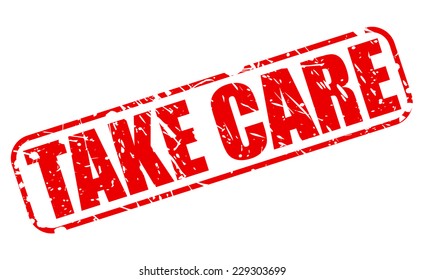 Take care red stamp text on white