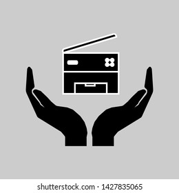 Take care of the technique sign. Hands and printer sign