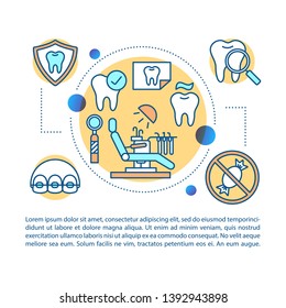 Take care of teeth article page vector template. Dentistry. Brochure, magazine, booklet design element with linear icons and text boxes. Print design. Concept illustrations with text space