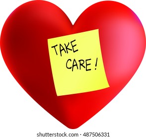 take care word write on yellow sticky note stick with red heart vector