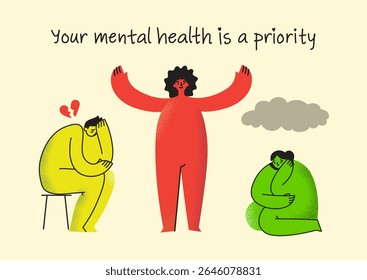 Take care of your body, take care of your health and mind. Increase awareness of mental health. Mental Health Awareness Month. Control, Prevention campaign and protection.