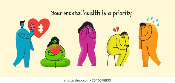 Take care of your body, take care of your health and mind. Increase awareness of mental health. Mental Health Awareness Month. Control, Prevention campaign and protection.