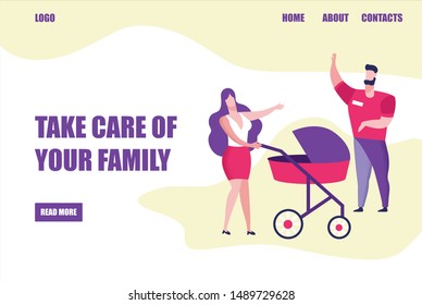 Take Care of Your Family Banner, Young Woman Walking with Baby Carriage, Girl Greeting Man on Street, Mother and Child Spend Time Together, Maternity, Parenting, Love. Cartoon Flat Vector Illustration