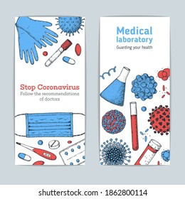 Take care of your health. Stop coronavirus illustration. Banner set.  Medicinal tools, laboratory equipment, corona virus sketch. Medical illustration. Hand drawn design.